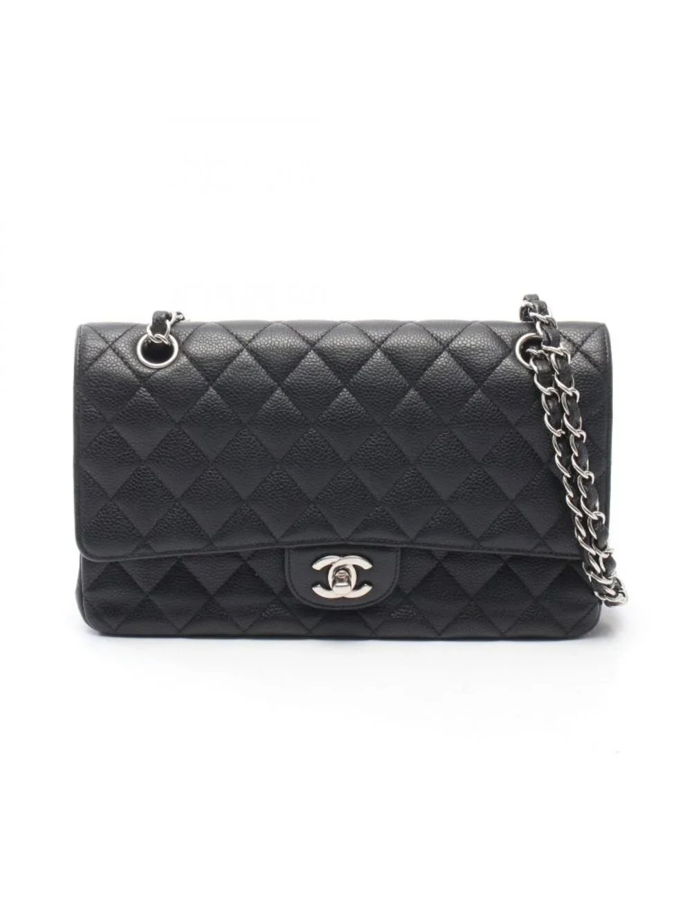 Chanel Shoulder Bag Quilted Double Flap Black Caviar Leather Chain